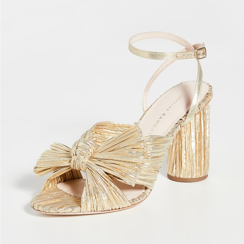 Loeffler Randall Camellia Gold Pleated Bow Heel with Ankle Strap size 8.5